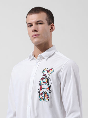 Men's White Regular Fit Embroided Street Shirt