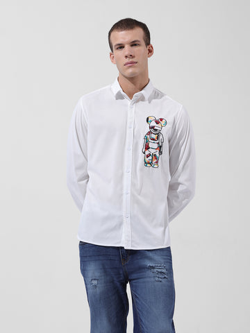 Men's White Regular Fit Embroided Street Shirt