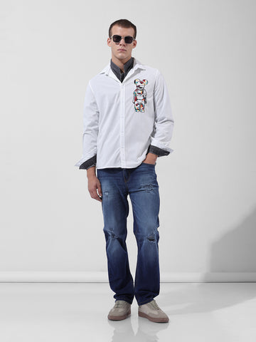 Men's White Regular Fit Embroided Street Shirt