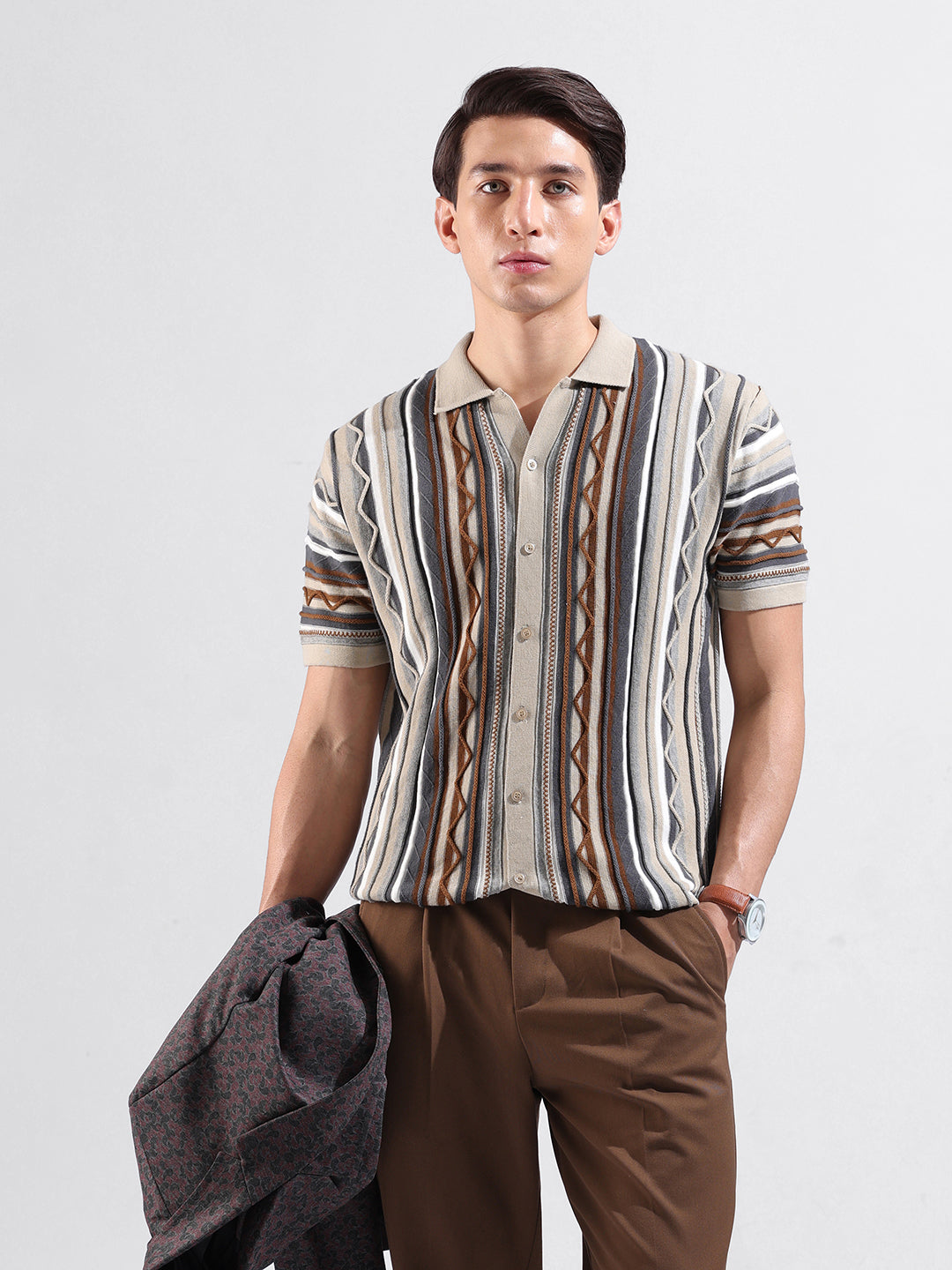 Men's Beige Slim Fit Textured Flat Knit Shirt