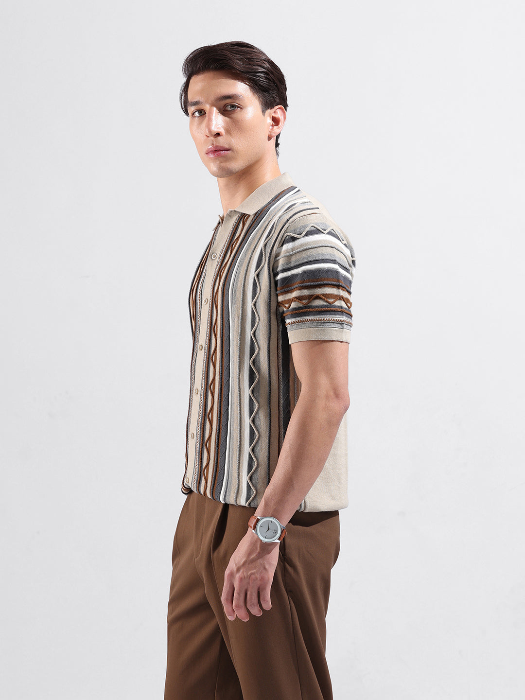 Men's Beige Slim Fit Textured Flat Knit Shirt