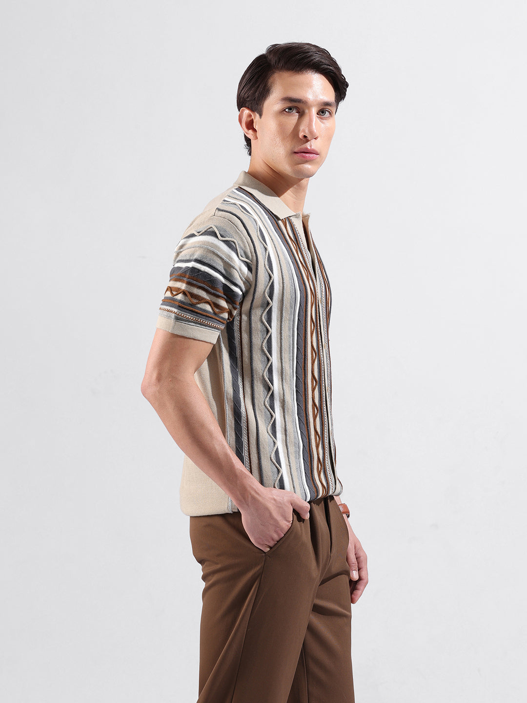 Men's Beige Slim Fit Textured Flat Knit Shirt