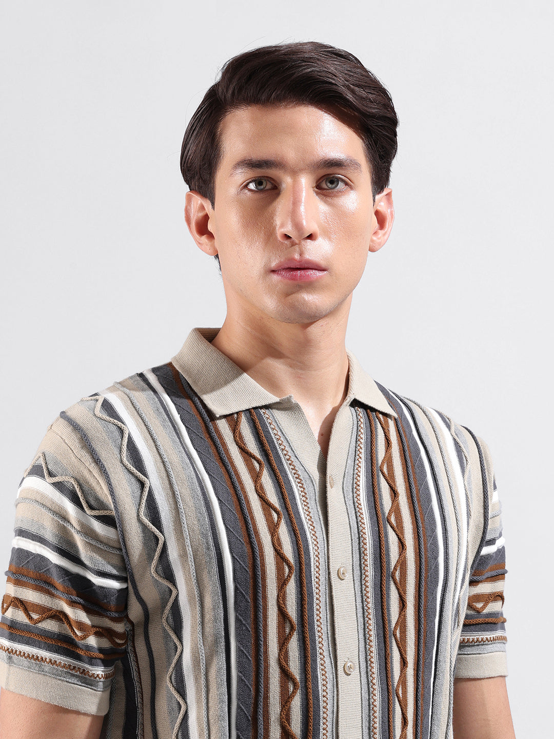 Men's Beige Slim Fit Textured Flat Knit Shirt