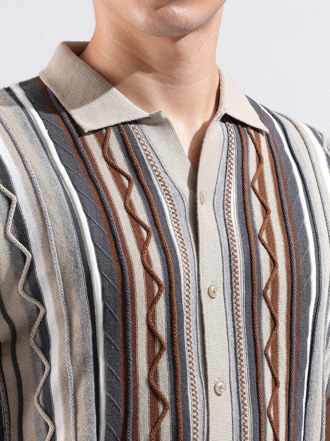 Men's Beige Slim Fit Textured Flat Knit Shirt