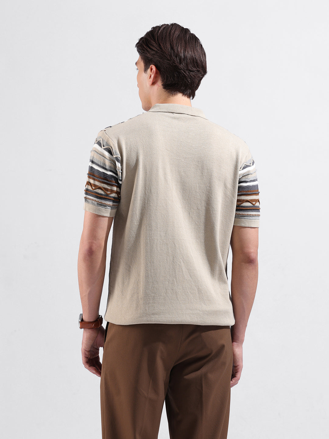 Men's Beige Slim Fit Textured Flat Knit Shirt