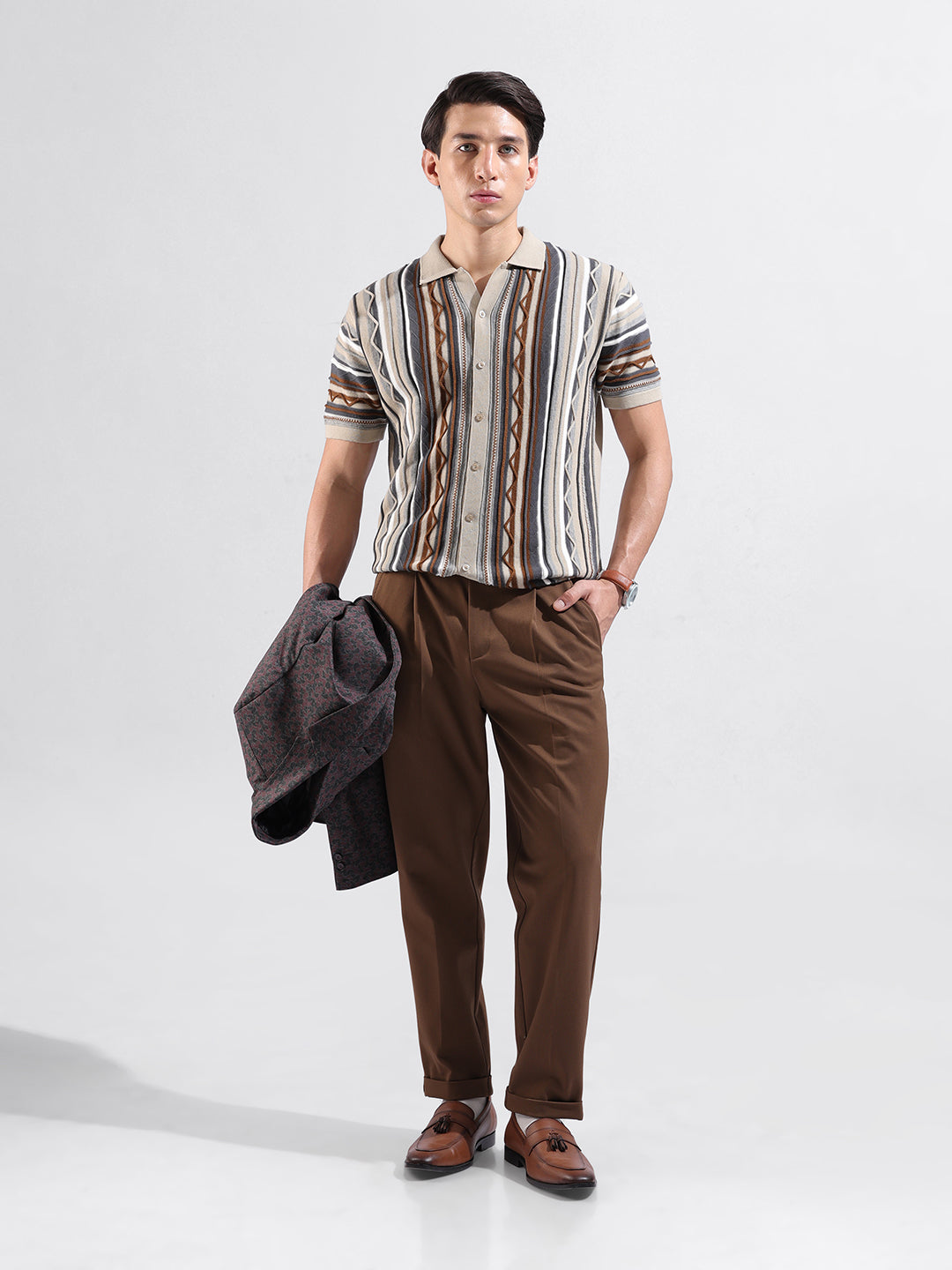 Men's Beige Slim Fit Textured Flat Knit Shirt