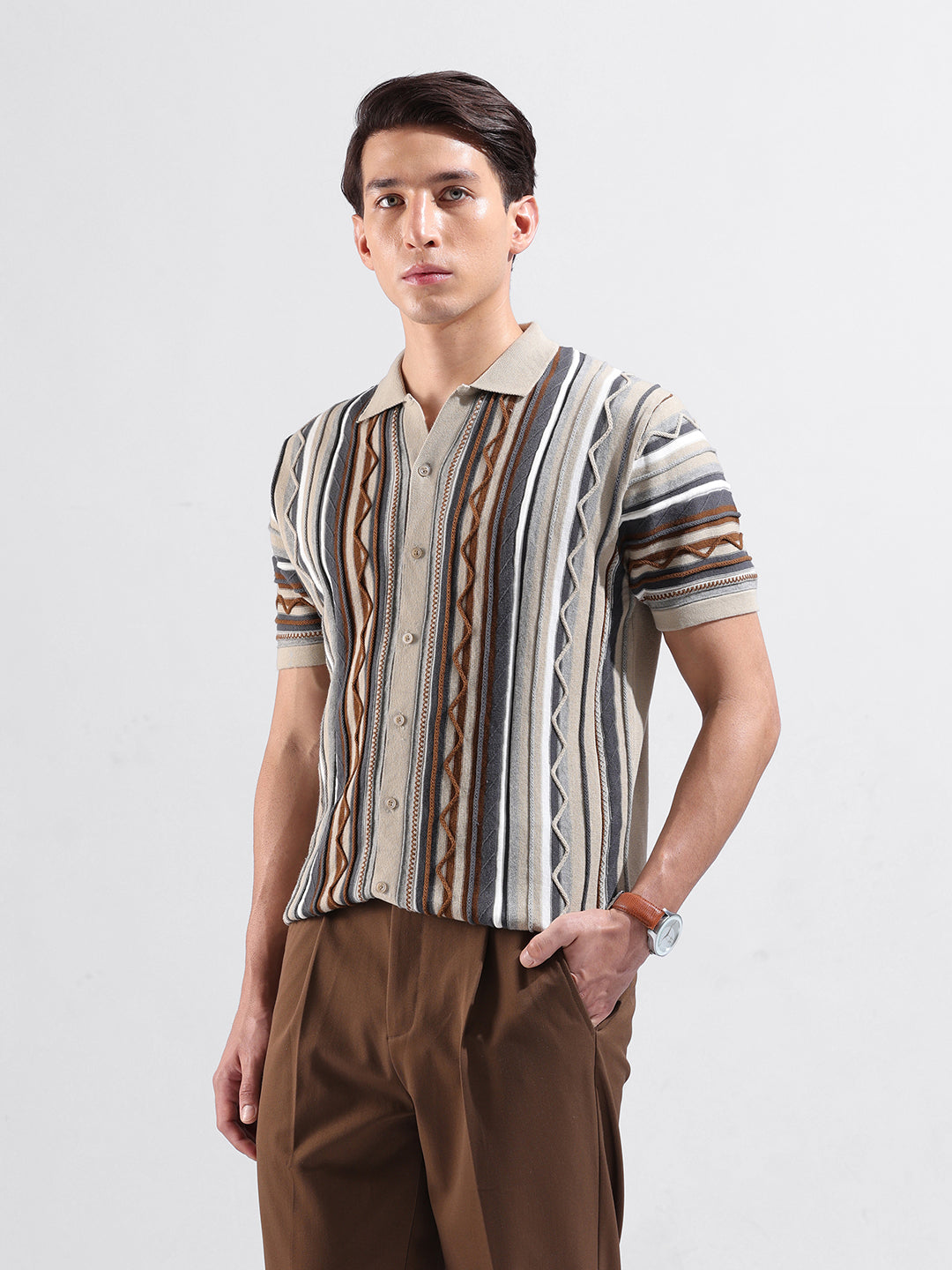 Men's Beige Slim Fit Textured Flat Knit Shirt