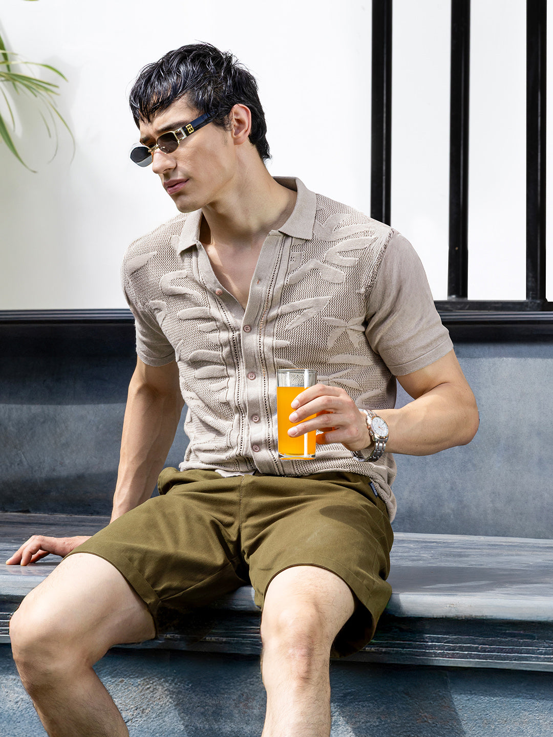 Men's Beige Slim Fit Textured Flat Knit Shirt