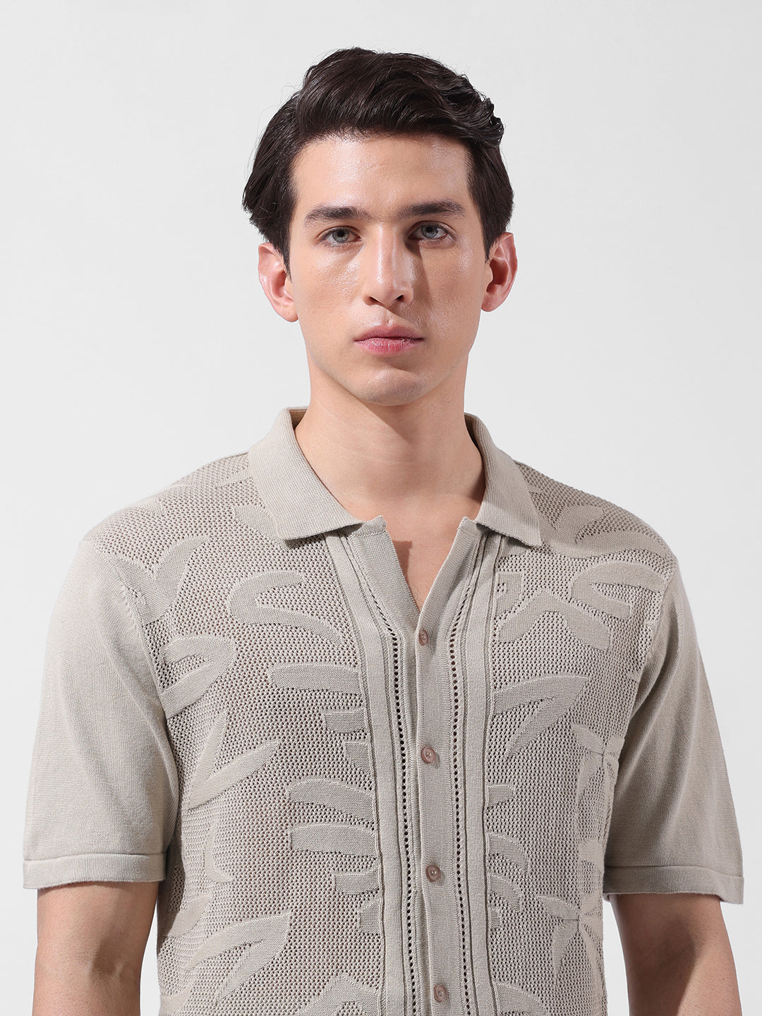 Men's Beige Slim Fit Textured Flat Knit Shirt
