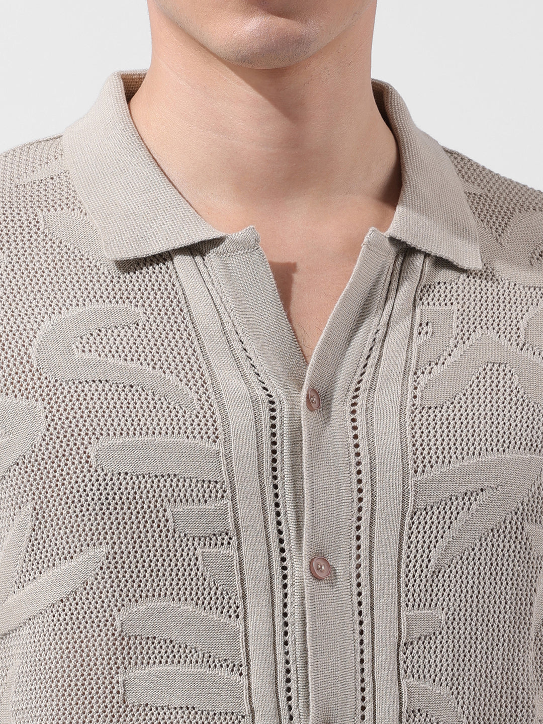 Men's Beige Slim Fit Textured Flat Knit Shirt