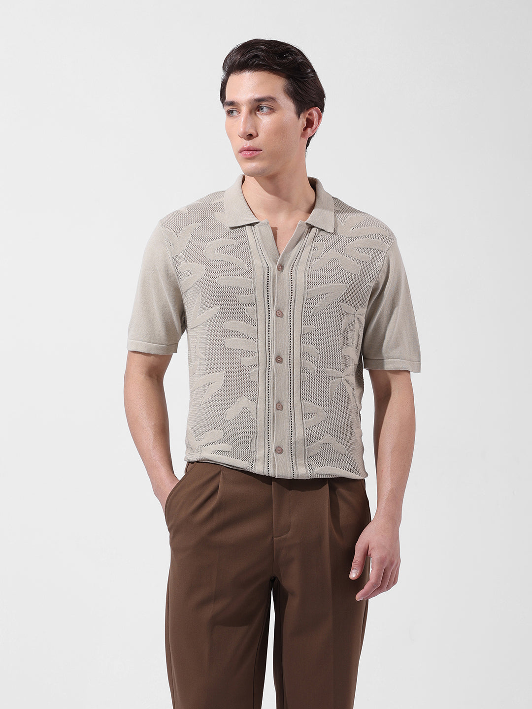 Men's Beige Slim Fit Textured Flat Knit Shirt