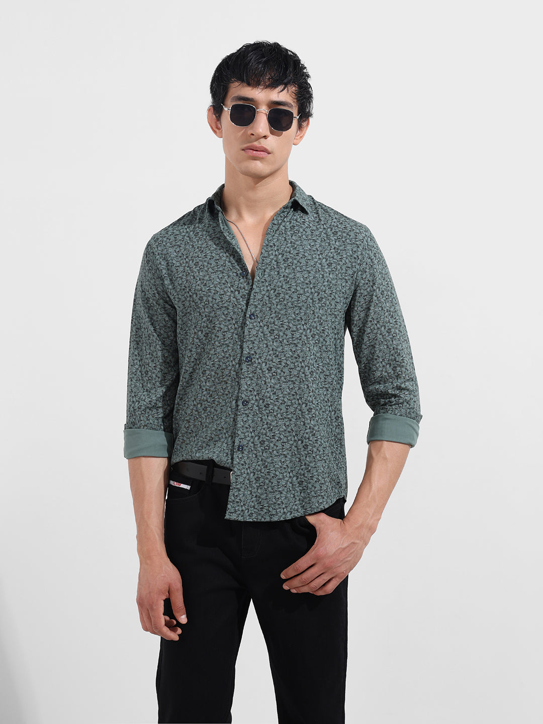 Men's Grey Regular Fit Floral Printed Floral Shirt