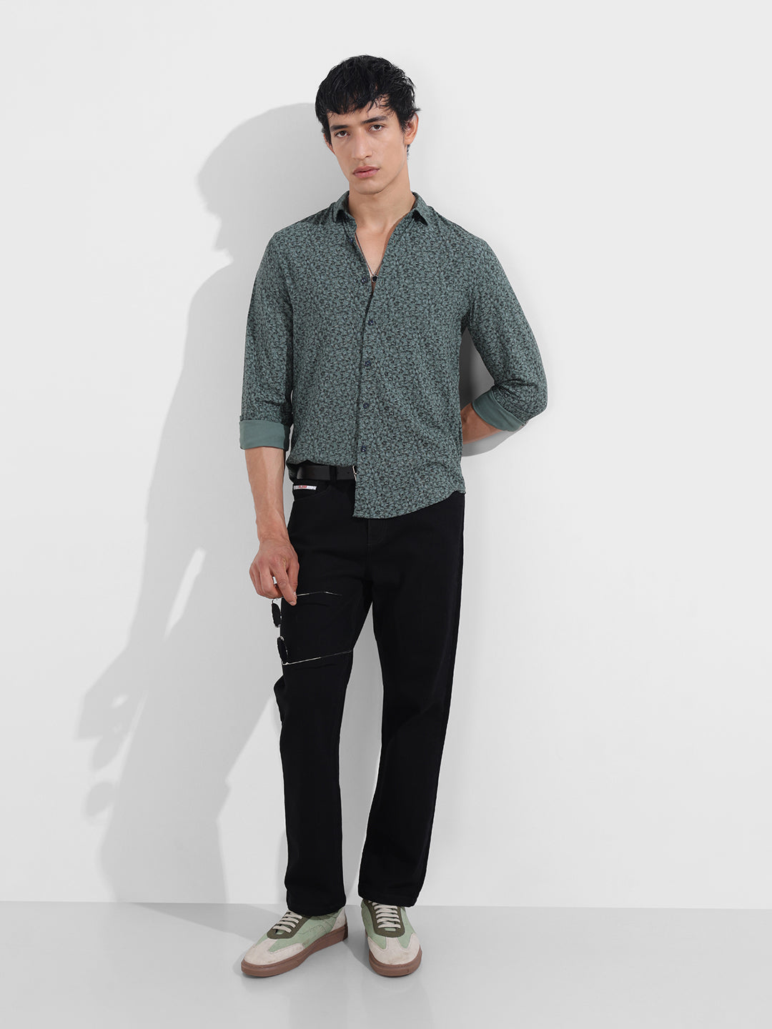 Men's Grey Regular Fit Floral Printed Floral Shirt