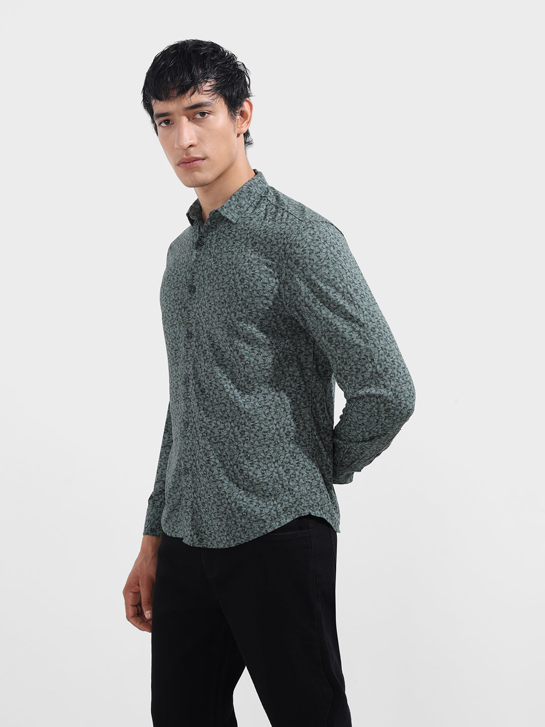 Men's Grey Regular Fit Floral Printed Floral Shirt