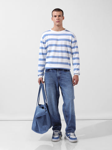 Men's White Oversized Fit Textured Flat Knit Polo Collar T-Shirt