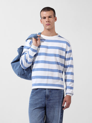 Men's White Oversized Fit Textured Flat Knit Polo Collar T-Shirt