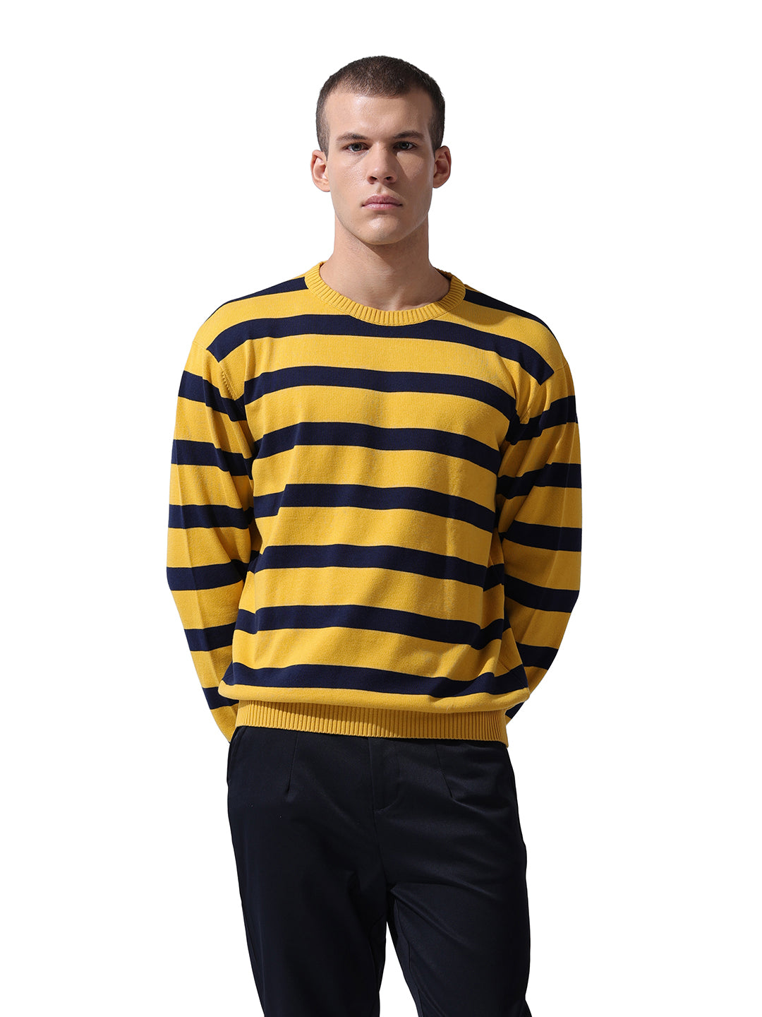 Men's Yellow Oversized Fit Textured Flat Knit Crew Neck T-Shirt