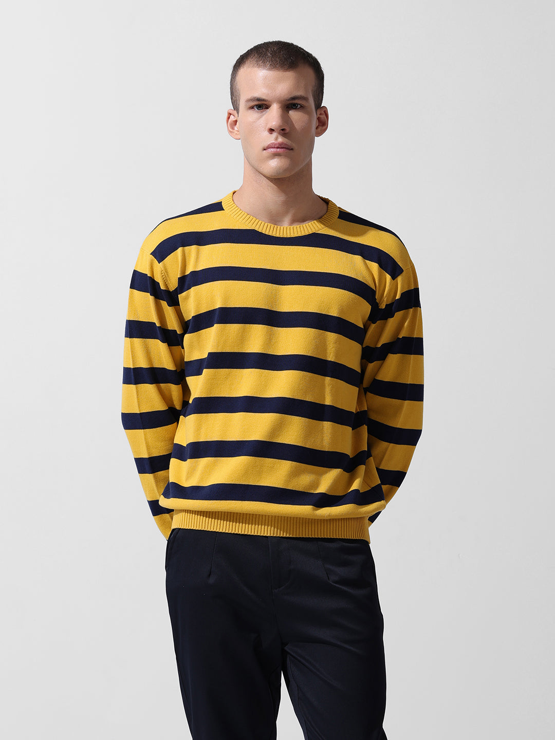 Men's Yellow Oversized Fit Textured Flat Knit Crew Neck T-Shirt