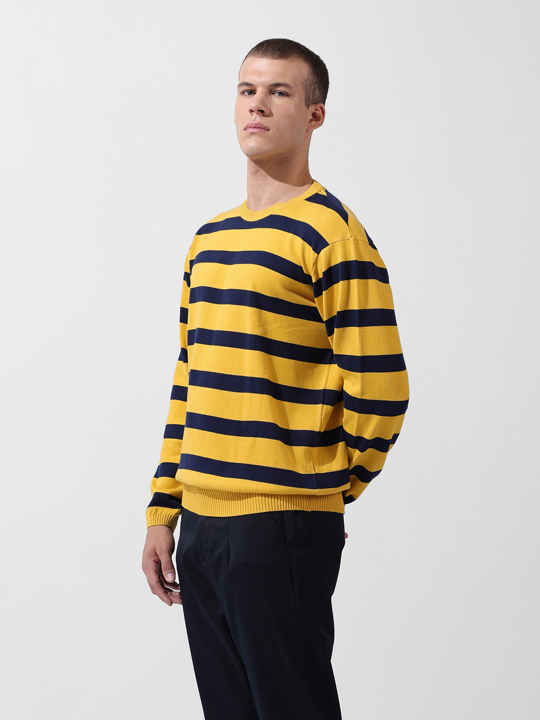 Men's Yellow Oversized Fit Textured Flat Knit Crew Neck T-Shirt