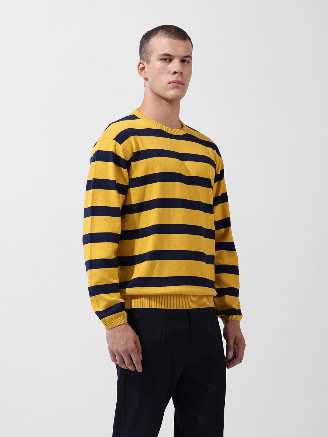 Men's Yellow Oversized Fit Textured Flat Knit Crew Neck T-Shirt