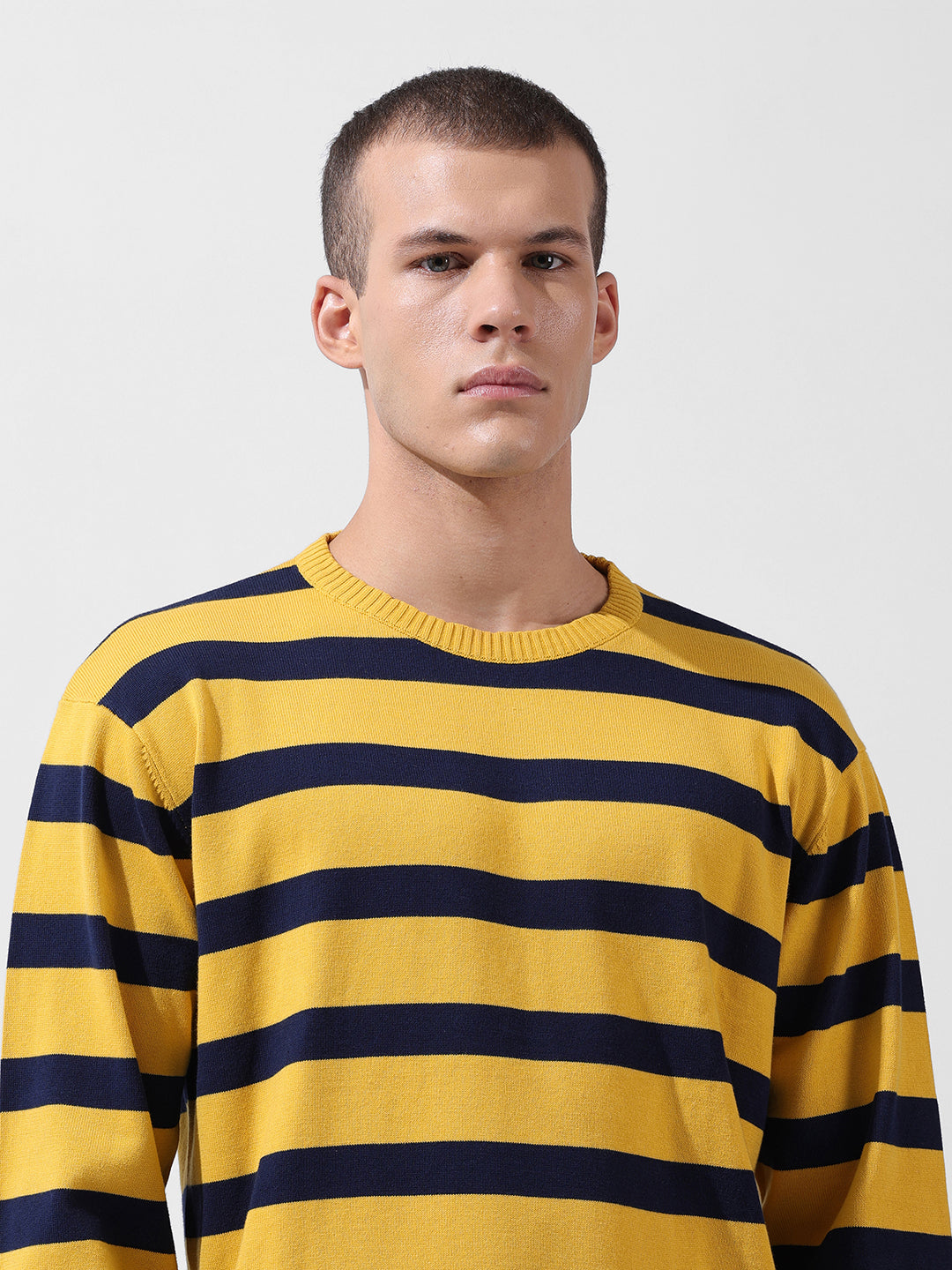Men's Yellow Oversized Fit Textured Flat Knit Crew Neck T-Shirt