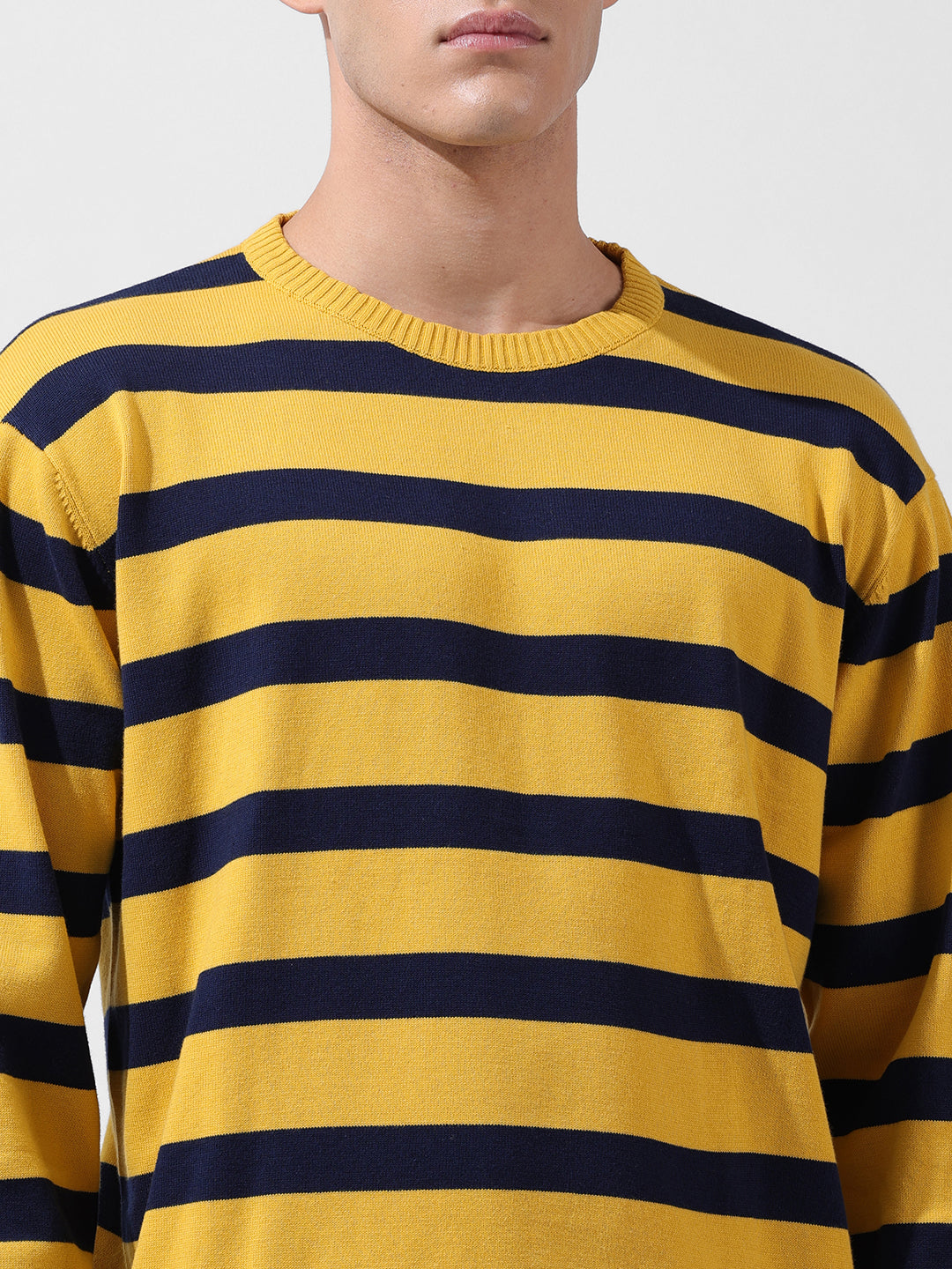 Men's Yellow Oversized Fit Textured Flat Knit Crew Neck T-Shirt