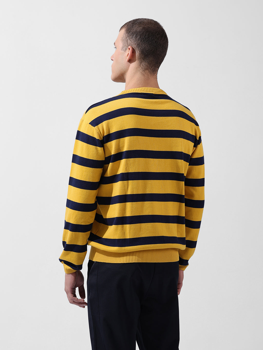 Men's Yellow Oversized Fit Textured Flat Knit Crew Neck T-Shirt