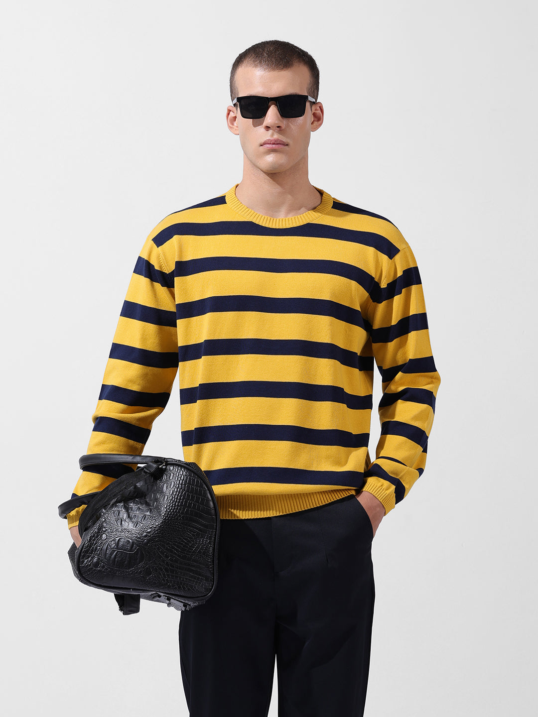 Men's Yellow Oversized Fit Textured Flat Knit Crew Neck T-Shirt