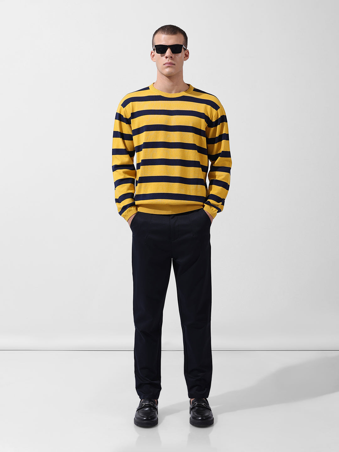 Men's Yellow Oversized Fit Textured Flat Knit Crew Neck T-Shirt