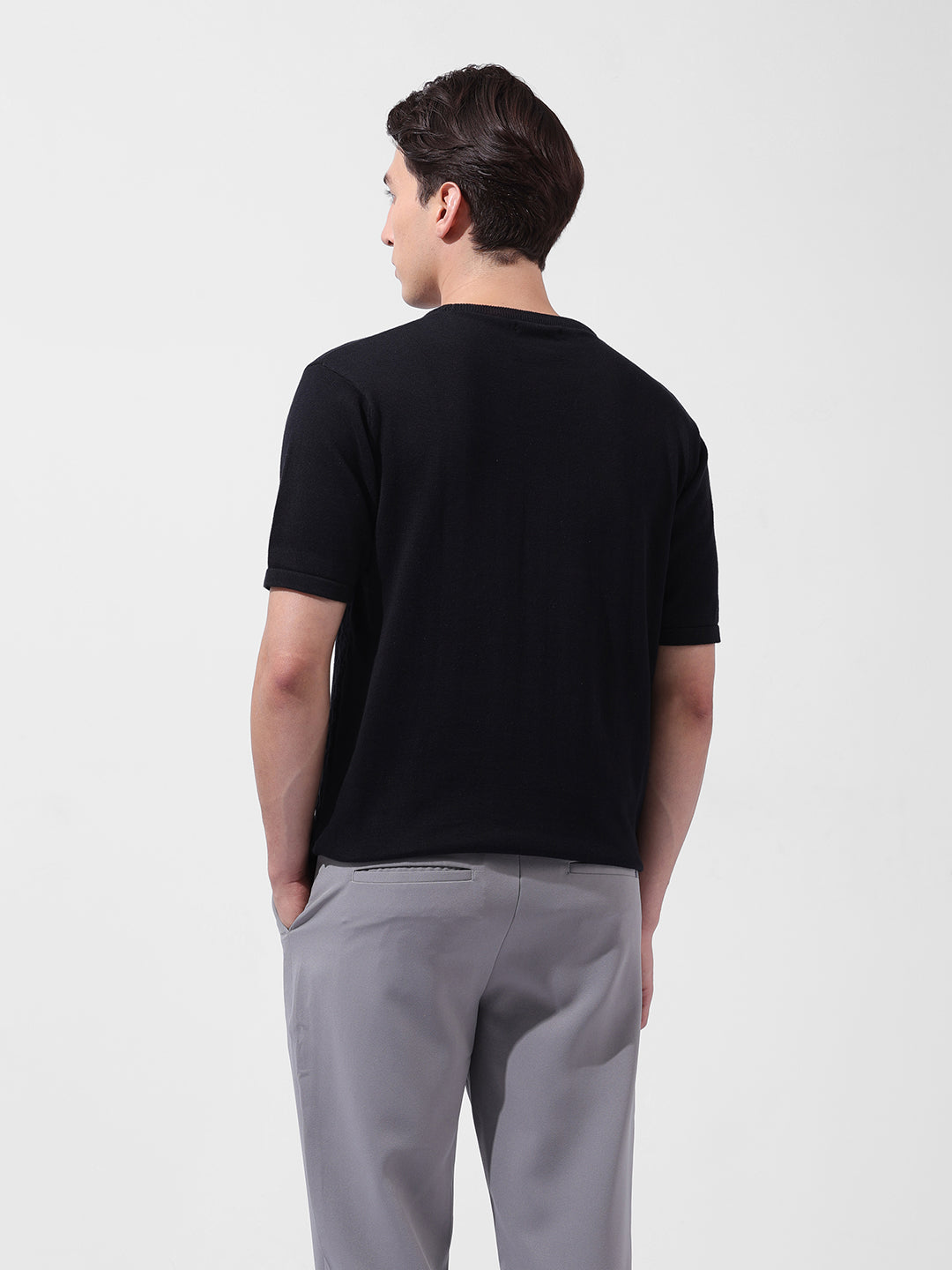 Men's Black Slim Fit Textured Flat Knit Polo Collar T-Shirt