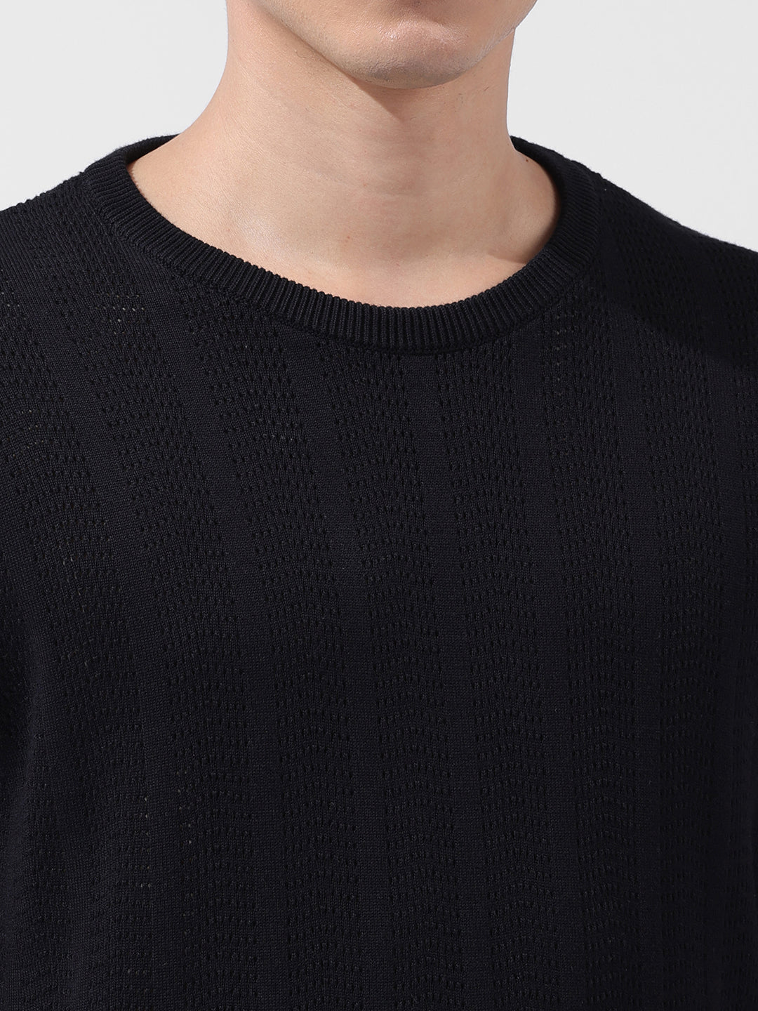 Men's Black Slim Fit Textured Flat Knit Polo Collar T-Shirt