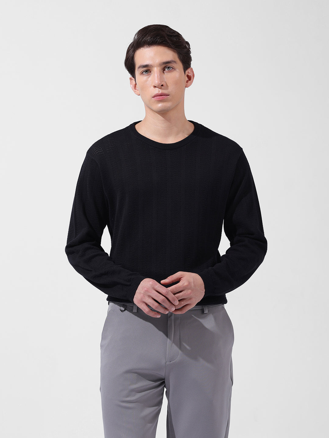 Men's Black Slim Fit Textured Flat Knit Polo Collar T-Shirt