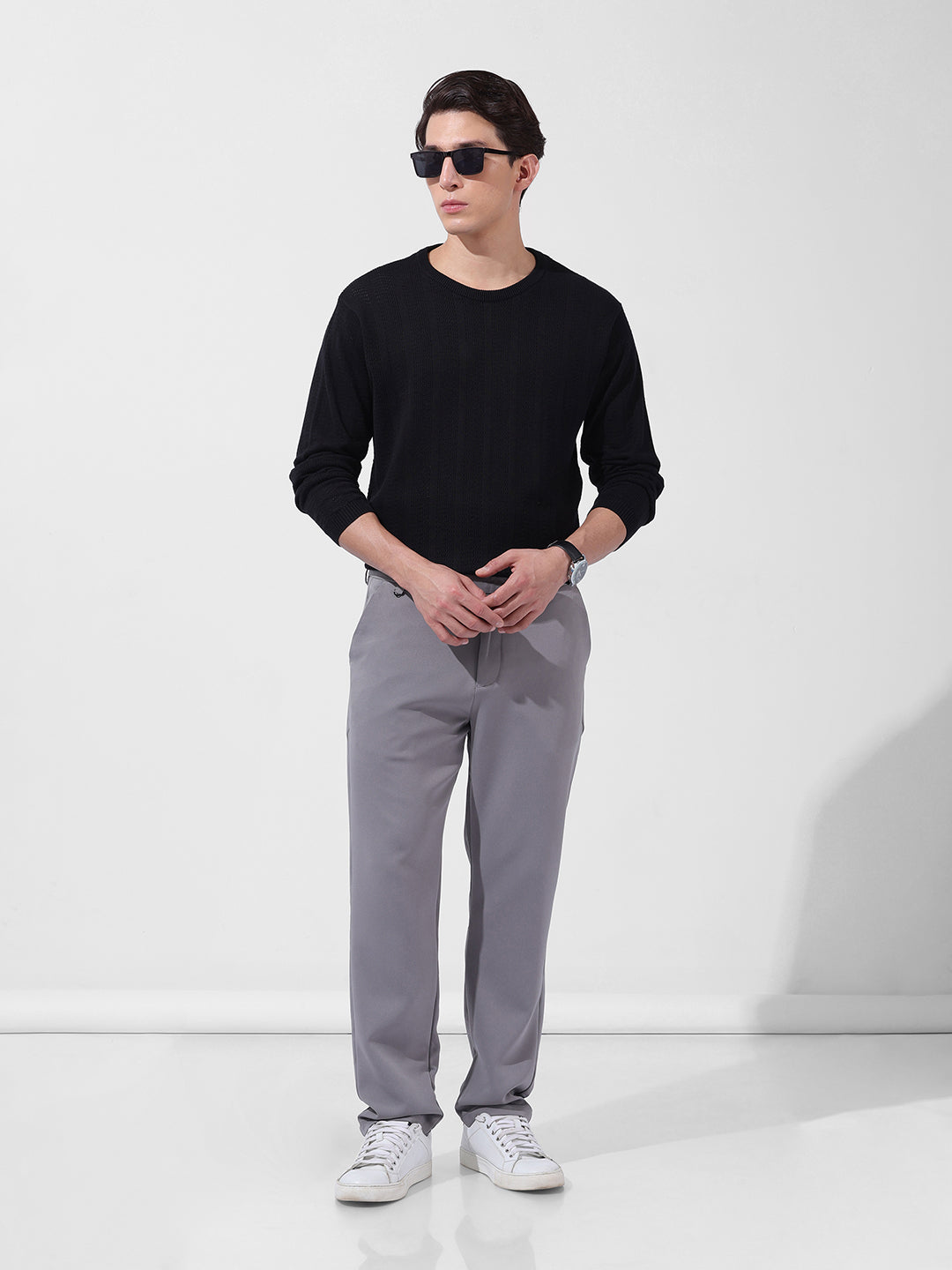 Men's Black Slim Fit Textured Flat Knit Polo Collar T-Shirt