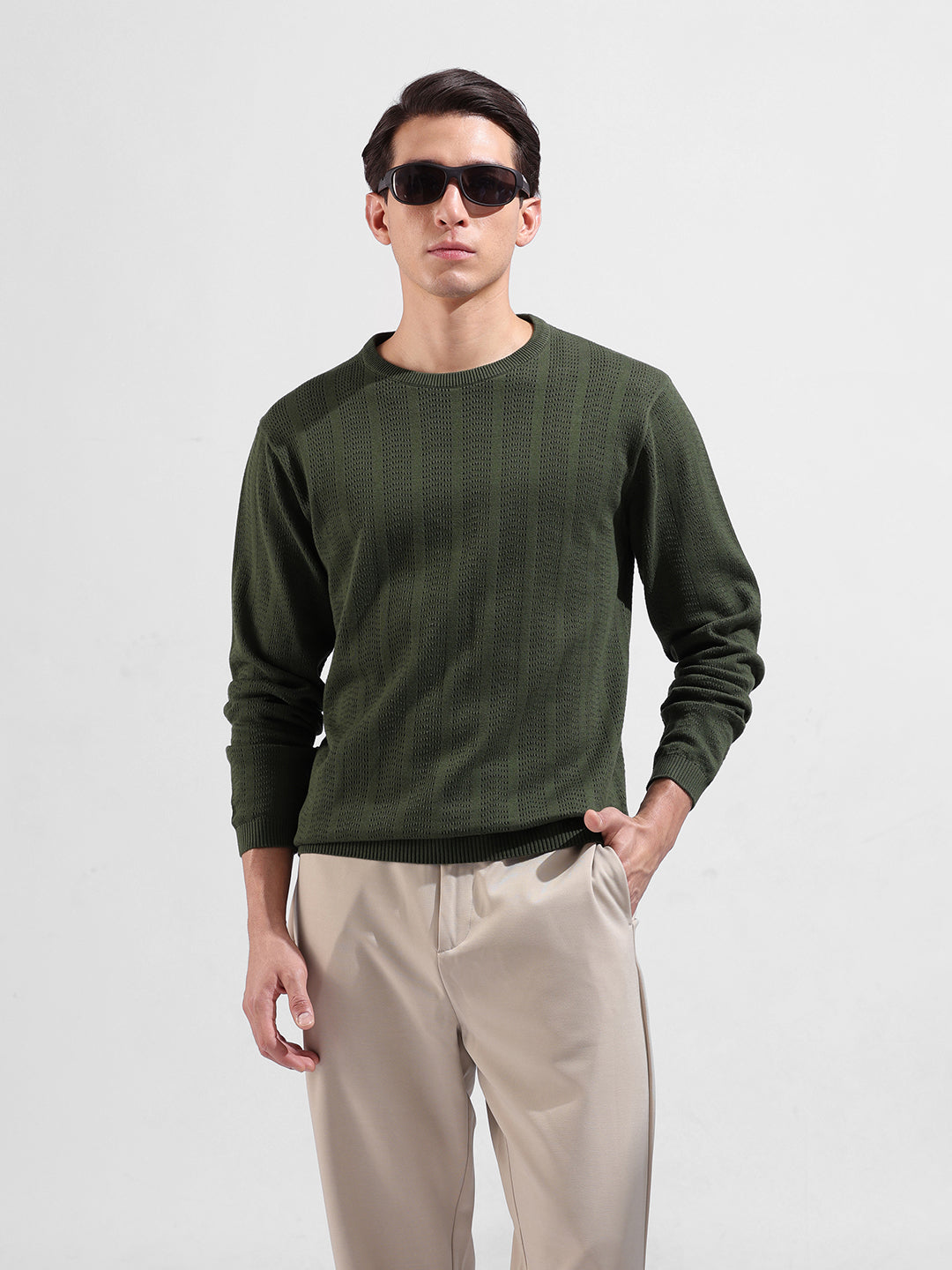 Men's Green Slim Fit Textured Flat Knit Polo Collar T-Shirt