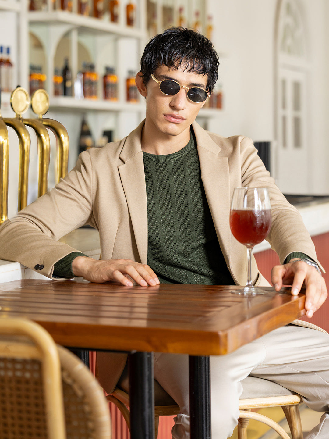 Men's Green Slim Fit Textured Flat Knit Polo Collar T-Shirt