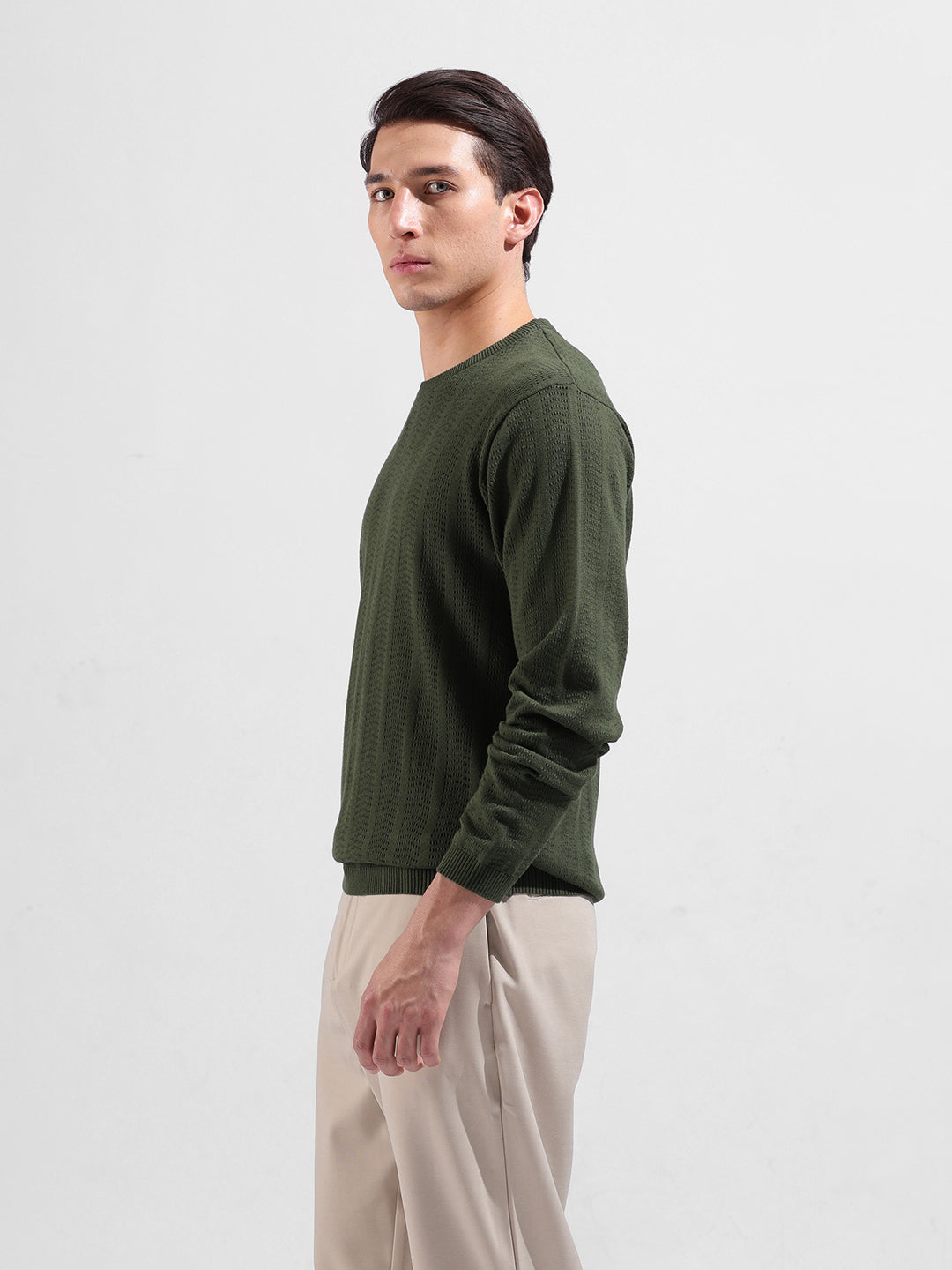 Men's Green Slim Fit Textured Flat Knit Polo Collar T-Shirt
