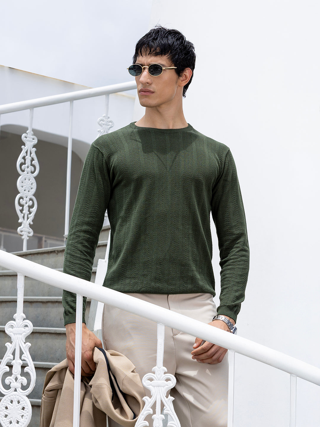 Men's Green Slim Fit Textured Flat Knit Polo Collar T-Shirt