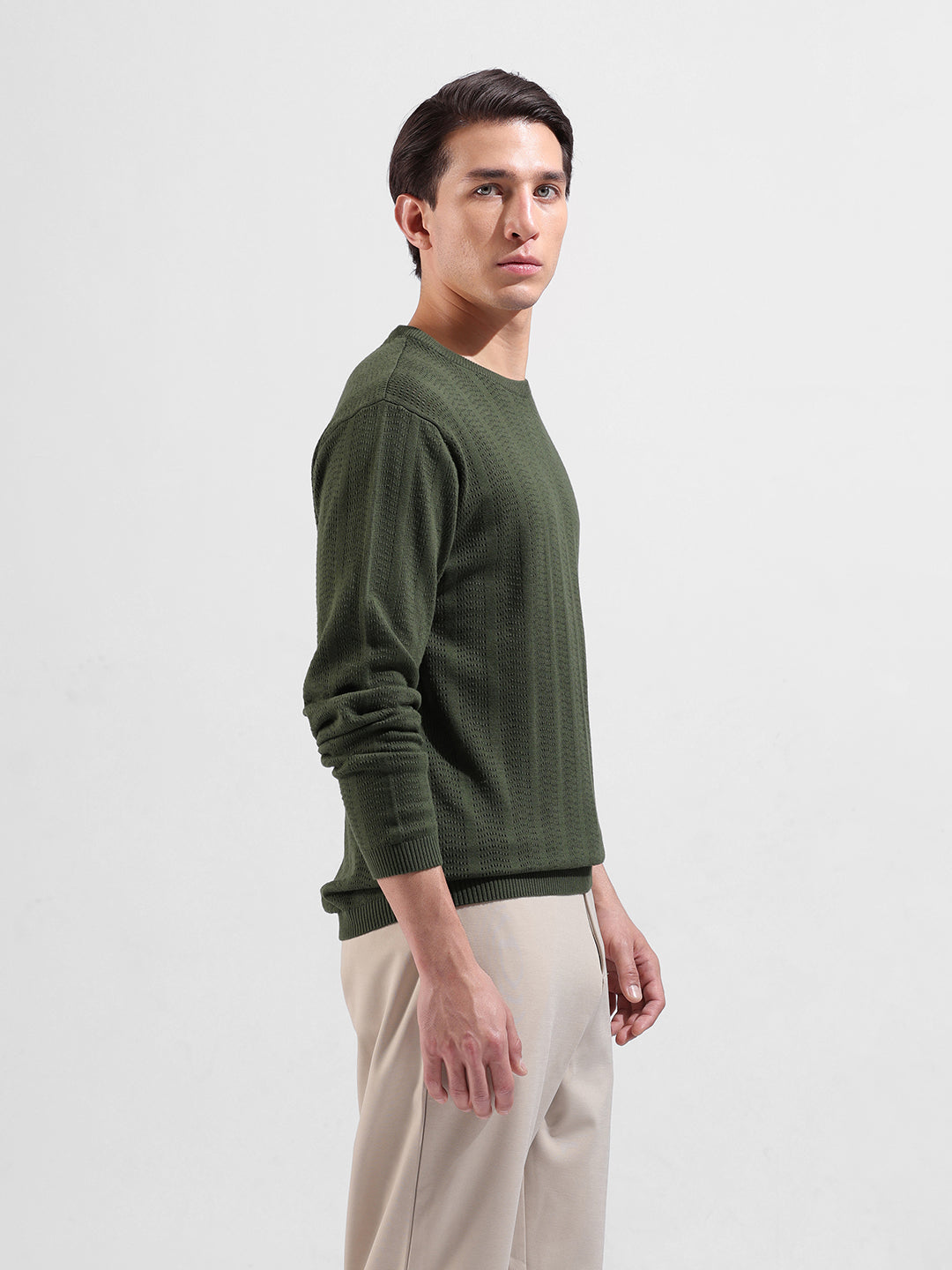 Men's Green Slim Fit Textured Flat Knit Polo Collar T-Shirt