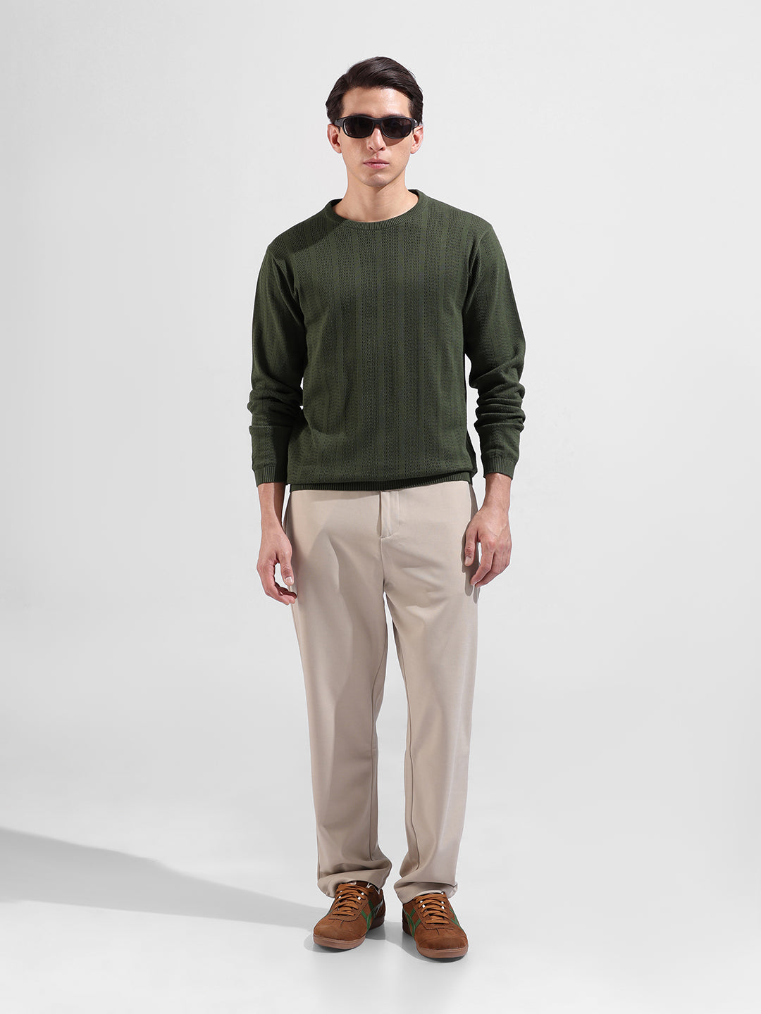 Men's Green Slim Fit Textured Flat Knit Polo Collar T-Shirt