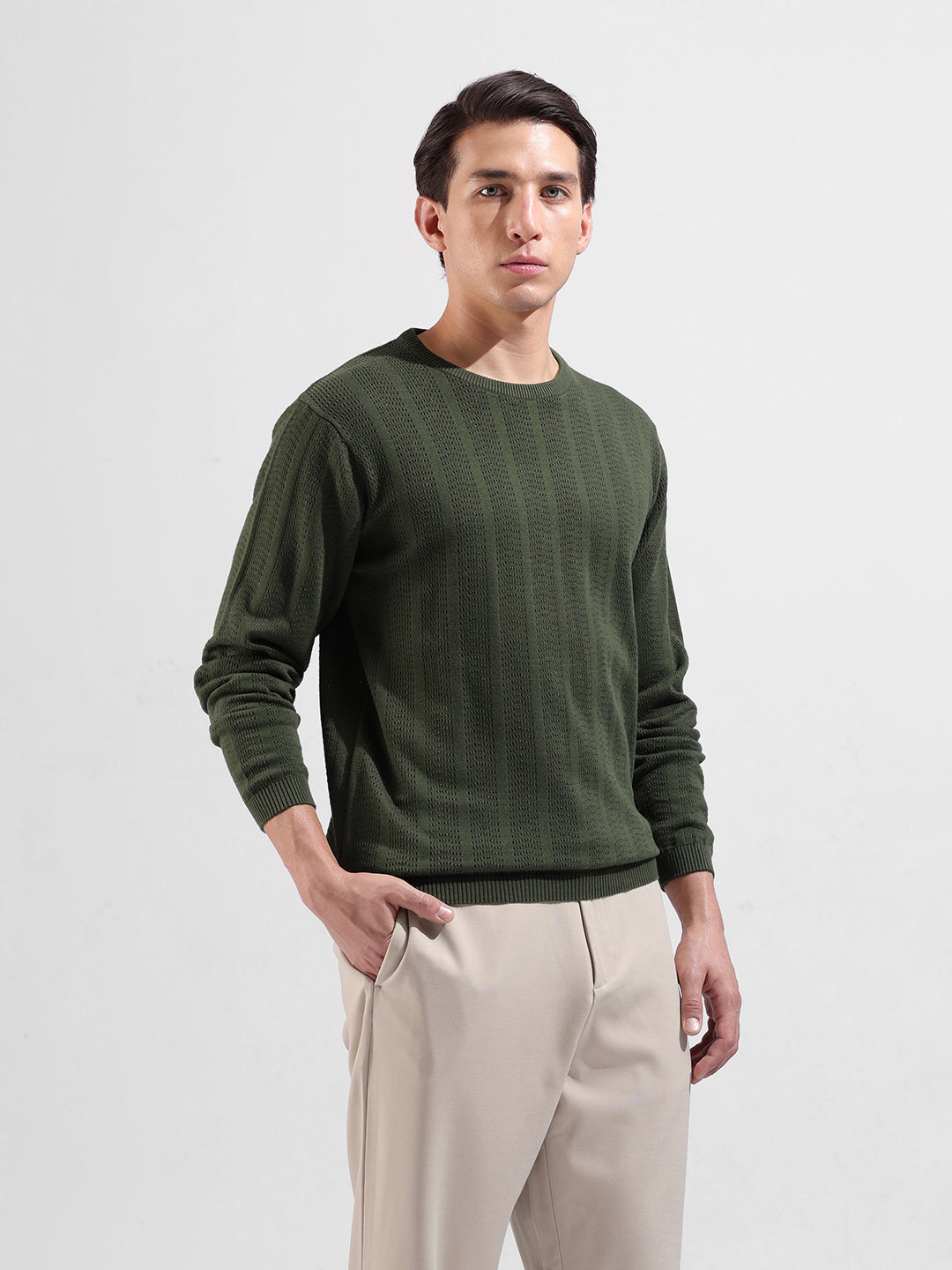 Men's Green Slim Fit Textured Flat Knit Polo Collar T-Shirt