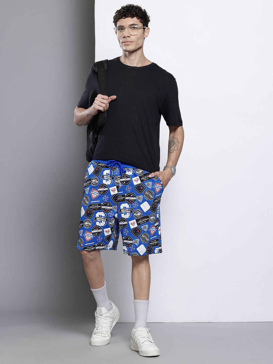 Men's Blue Relaxed Fit Character Superman Printed Shorts