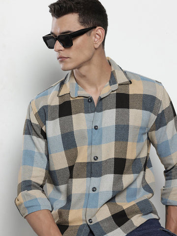 Men's Khaki Relaxed Fit Checked Textured Shirt