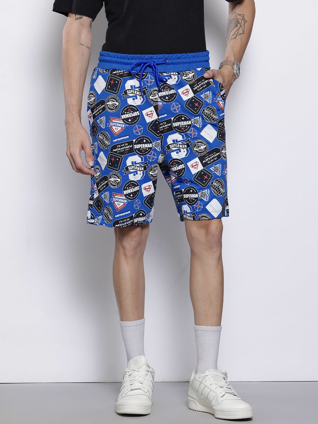 Men's Blue Relaxed Fit Character Superman Printed Shorts