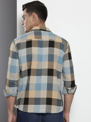 Men's Khaki Relaxed Fit Checked Textured Shirt