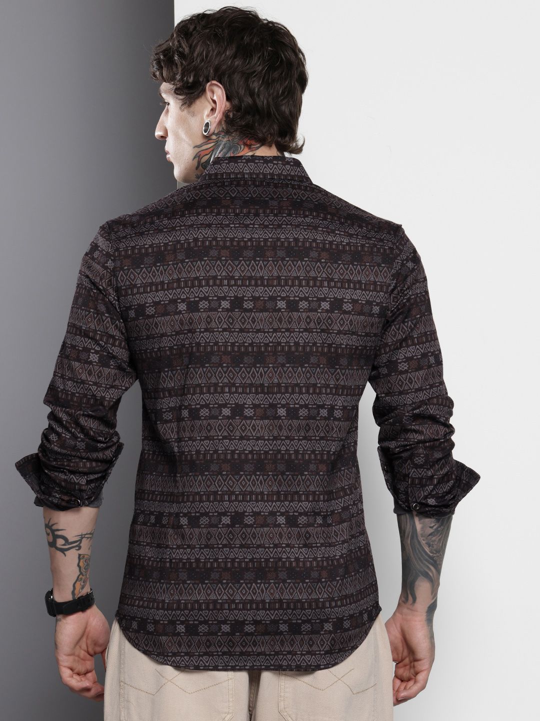 Men's Black Slim Fit Printed Party Wear Shirt