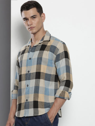 Men's Khaki Relaxed Fit Checked Textured Shirt