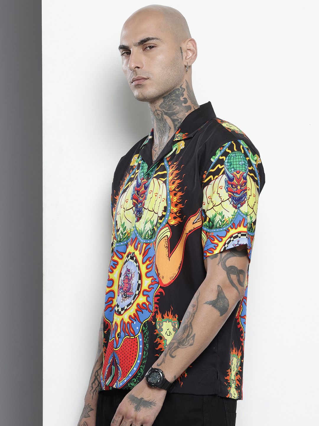 Men's Black Oversized Fit Printed Print Shirt