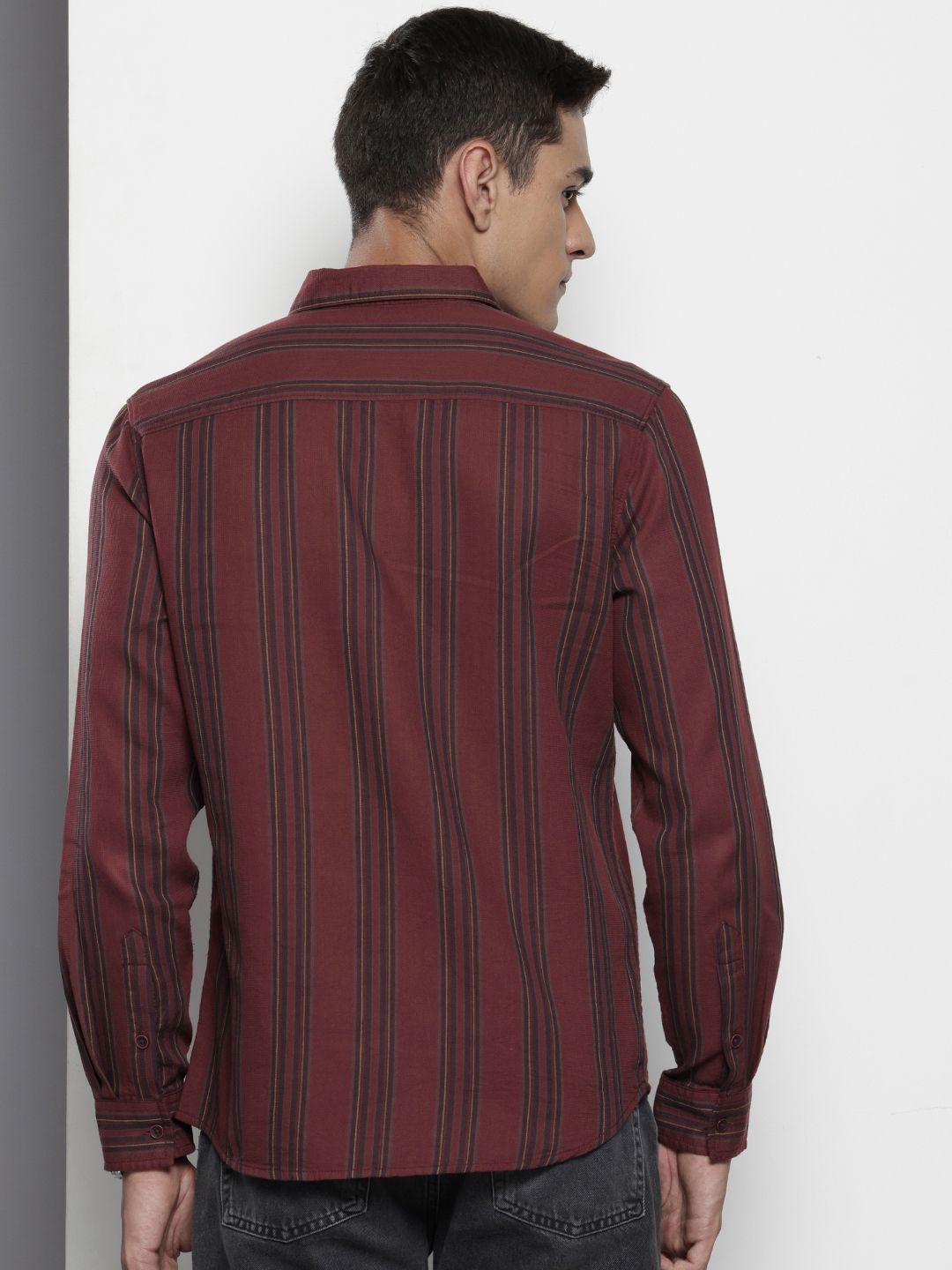 Men's Maroon Slim Fit Striped Casual Shirt