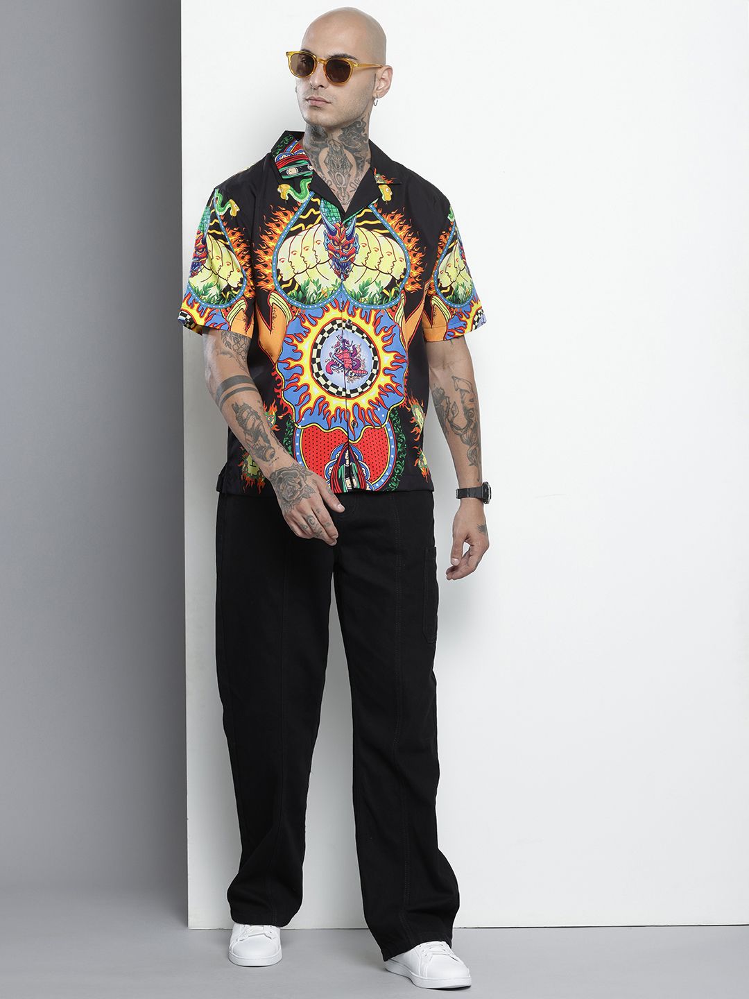Men's Black Oversized Fit Printed Print Shirt