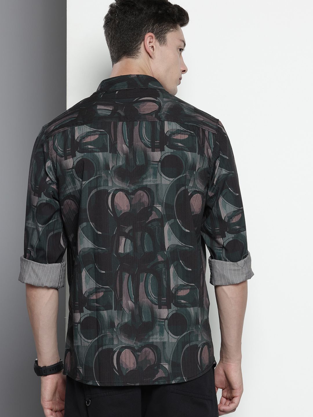 Men's Black Slim Fit Printed Party Wear Shirt